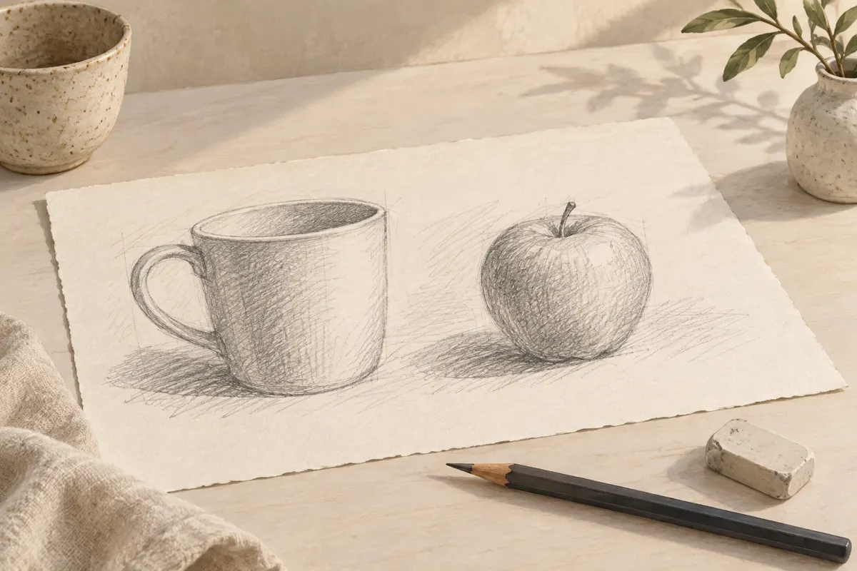 Ilustracja kartki ze szkicami kubka i jabłka oraz ołówka i gumki na blacie